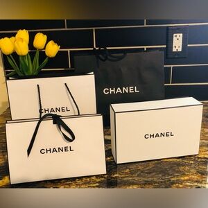 Authentic Chanel Gift Bags (3) & 1 Gift Box With Tissue & Paper Shreds